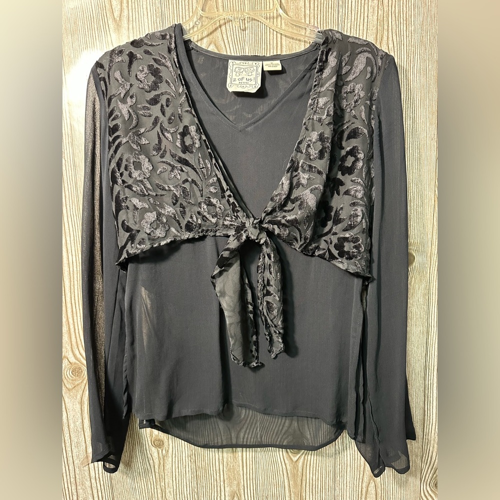 Black Burnout Velvet Tie Front Blouse Sz M